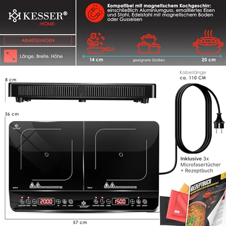 KESSER® Induktionskochplatte Induktionskochfeld 2 Platten 3500W Tragbares 57cm Kochplatte + 3x Mikrofasertuch + 1x Rezeptbuch, 8 Heizstufen, 4-Stunden-Timer, Touch-Steuerung, Booster-Funktion 220-240V, Kristallglasgehäuse, Kindersicherung, Auto-OFF-Funktion, Transportfähig – Bild 3