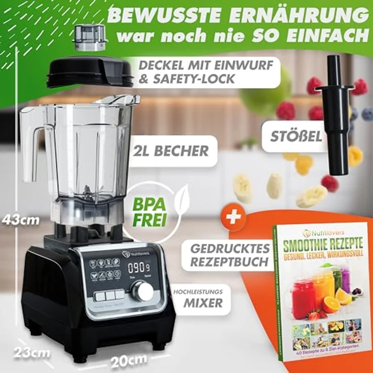 Nutrilovers NUTRI-BLENDER MAX+ Hochleistungsmixer 2000W mit 2L BPA-freiem Tritanbehälter, 9 Geschwindigkeitsstufen, Digital-Timer und Rezeptbuch für Smoothies – Bild 2