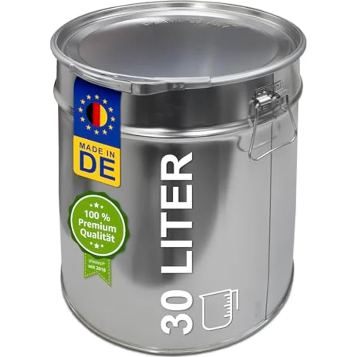 plasteo® 30 Liter Blecheimer Hobbock Fass mit Deckel und Spannring, luft- und flüssigkeitsdicht, robust und stapelbar, Gefahrgut tauglich, stabile seitliche Metallgriffe – Bild 1