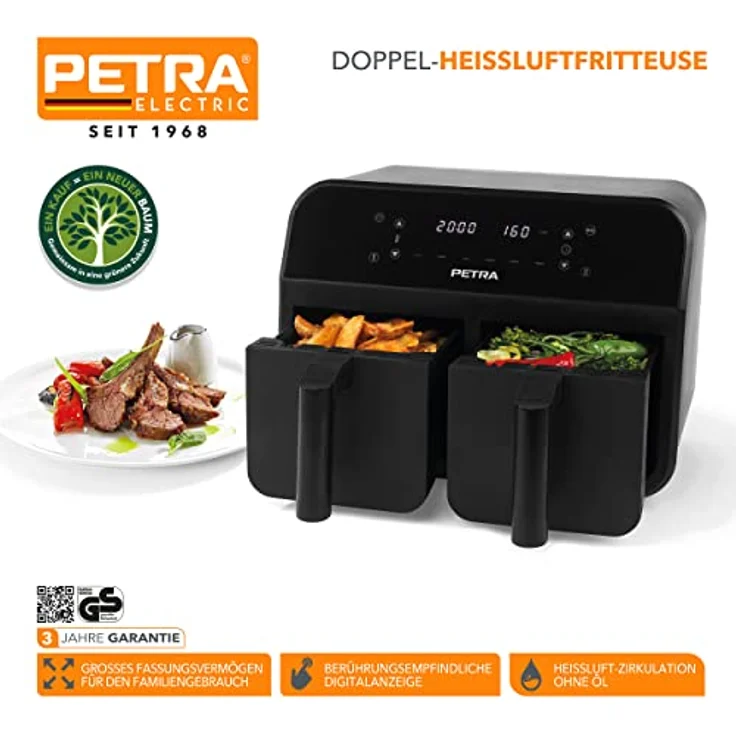 Petra PT4750BLKVDE Heißluft-Fritteuse, XXL 7,4L, 2400W Fritteuse mit 2 herausnehmbaren Frittierkörben mit Antihaftbeschichtung, 6 Kochfunktionen mit Sync & Match, 3,7 l pro Schublade, Schwarz – Bild 3