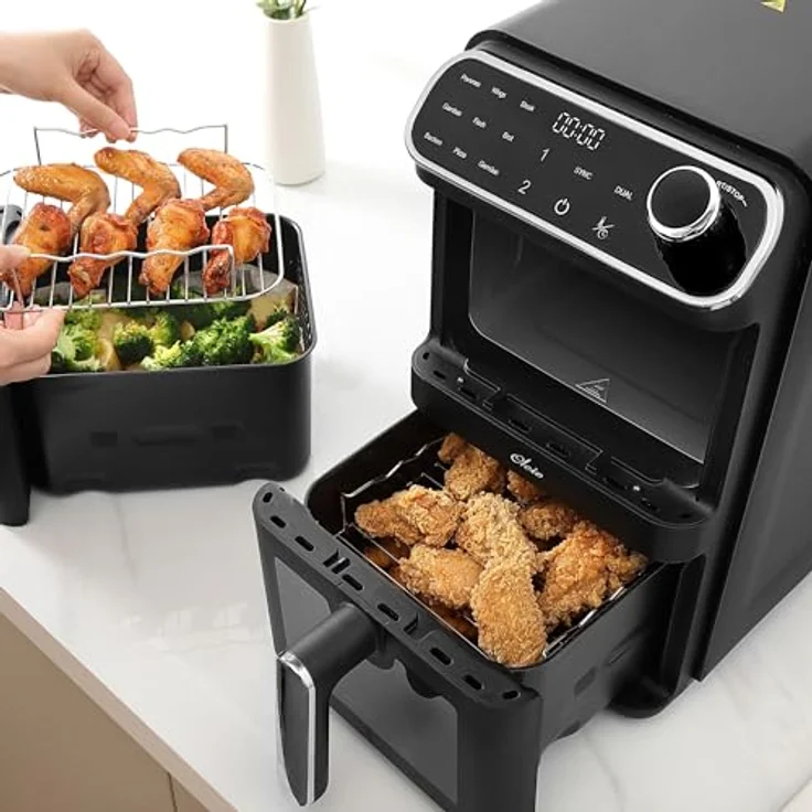 OLEIO Oleio Maestro Heißluftfritteuse Vertikale Doppelkammer, 2460 Watt, 11L, 2 Ebenen, Sichtfenster, Antihaftbeschichtung, spülmaschinenfeste Körbe, platzsparend, energiesparend – Bild 4