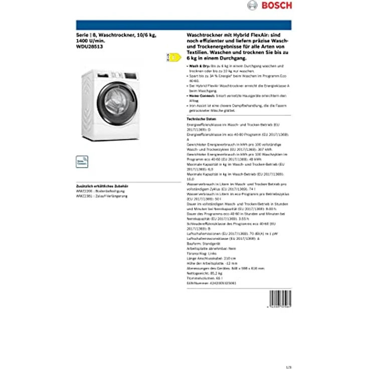 Bosch WDU28513, Waschtrockner, Energieeffizienzklasse D, Standgerät, Breite 60 cm, Geräuschemissionsklasse A – Bild 3