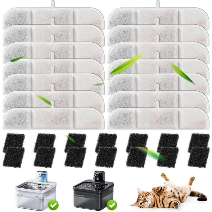 Herboom Katzenbrunnen Filter 28 Stück für downypaws 2.5L Trinkbrunnen DPWFP6 | 5-stufige Filtration mit Aktivkohle & Ionenaustauschharz | 14 Ersatzfilter + 14 Vorfilterschwämme