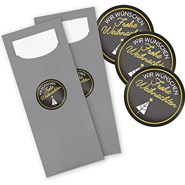 itenga 24x Bestecktaschen GRAU Wir wünschen Frohe Weihnachten schwarz weiß gold Pochetten inkl. Serviette und Sticker Aufkleber Tischdeko Einweggeschirr