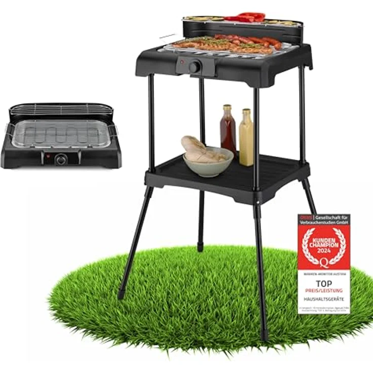 TZS First Austria Standgrill | Elektrogrill 2000 W mit Temperaturregler & Wärmereflektor | Gartengrill Schwarz mit Standfüßen | Grillfläche [45cm x 22cm] inkl. Windfang | Barbecue Elektrisch Tischgrill – Bild 1