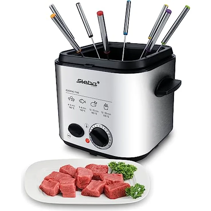 Steba Edelstahl Mini-Fritteuse mit Fondue-Set 2in1 - Geruchsfilter - 1,2 Liter Volumen - 8 Edelstahl-Fonduegabeln - leistungsstark und schnell dank 840 Watt - DF 95 - Preisvergleich
