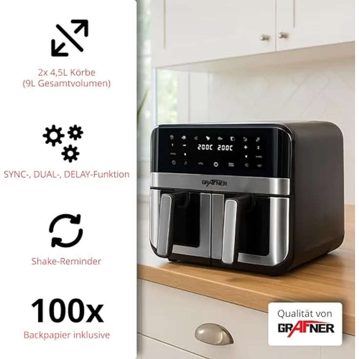 Grafner XXL Digitale Heißluftfritteuse 2 Kammern, 9 L, 2400 Watt, Edelstahl, Touchscreen, 8 Programme, Sync- und Dual-Funktion, Shake-Reminder, inkl. 100x Backpapier – Bild 3