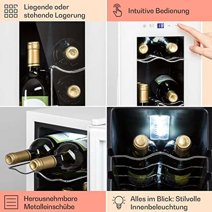 Klarstein Shiraz 12 Slim Uno Weinkühlschrank, freistehend, weiß, 12 Flaschen, Touch, 5 - 18 °C, LED, Energieklasse G – Bild 5