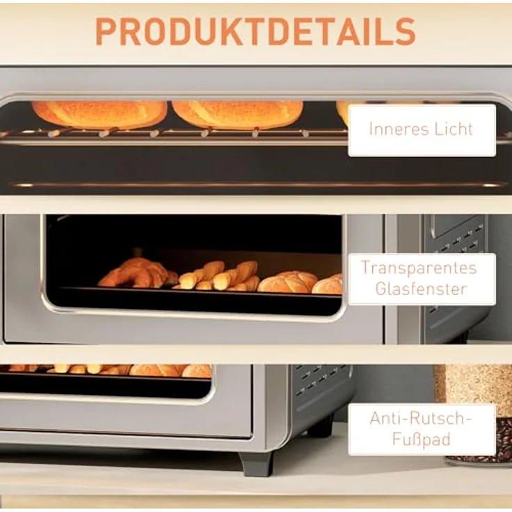 HOMCOM Minibackofen mit 60 Min. Timer, 24 L, 1600W, Heiße Luftzirkulation, Innenbeleuchtung, Silber – Bild 9