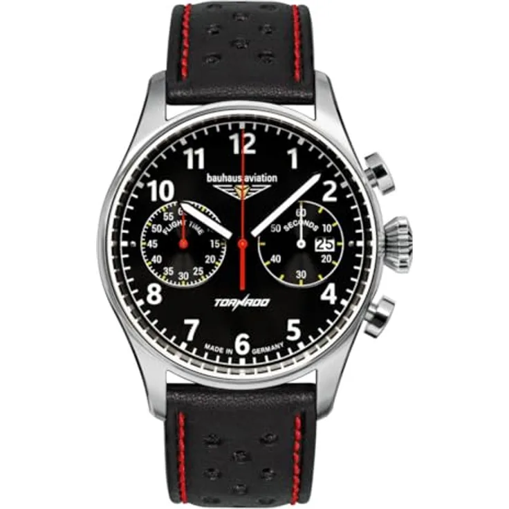 Bauhaus Herrenuhr Aviation CT-BHA Tornado Chronograph Schwarz/Rot - Edelstahl Gehäuse, Lederarmband, Mineralglas-Uhrglas