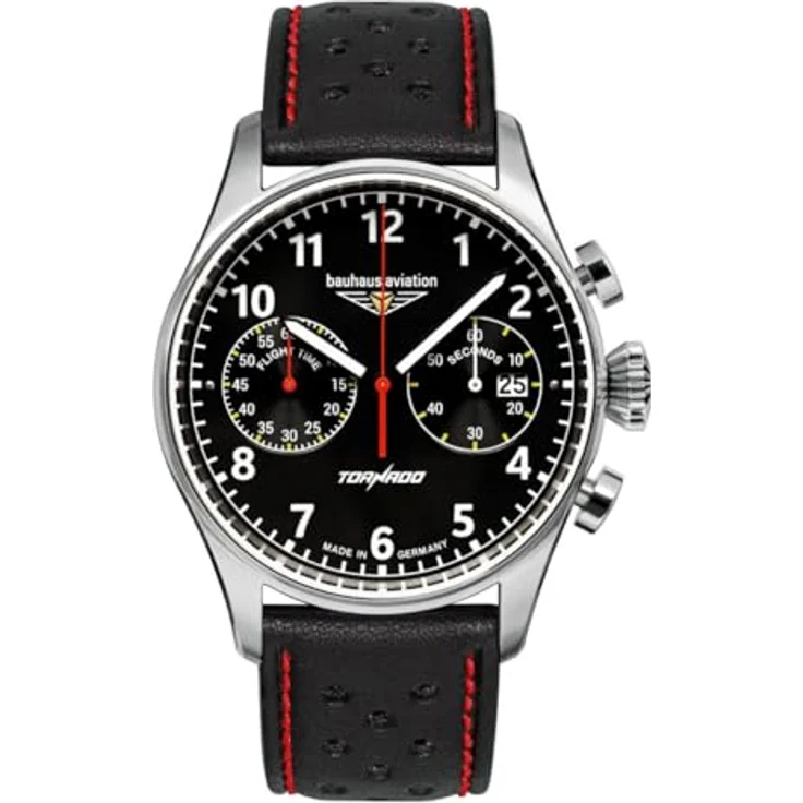 Bauhaus Herrenuhr Aviation CT-BHA Tornado Chronograph Schwarz/Rot - Edelstahl Gehäuse, Lederarmband, Mineralglas-Uhrglas – Bild 1
