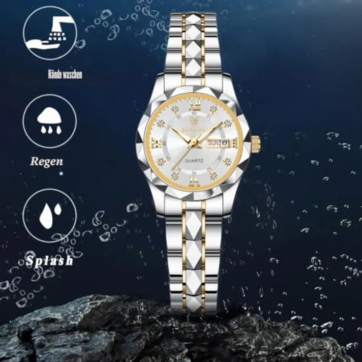 JewelryWe Damenuhr Edelstahl Analog Quarz Armbanduhr, 30m wasserdicht, leuchtende Zeiger, Römische Ziffern, Gold/Silber Edelstahlarmband mit Diamantskala – Bild 4