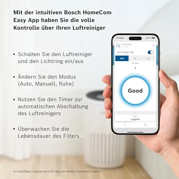 Bosch Air 4000i App-gesteuerter Luftreiniger - HEPA13-Luftfilter, Smart Sensor, Auto-Modus, Sleep-Modus (25 dB) - CADR: 300 m³/h, weiß – Bild 4