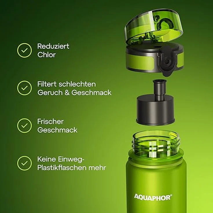AQUAPHOR City Filterflasche 500ml Grün I Flasche mit Wasserfilter für unterwegs I Filter mit Aktivkohle I Filtert Chlor I Aus Tritan & BPA-frei I Für besseren Geschmack & Geruch des Wassers – Bild 3