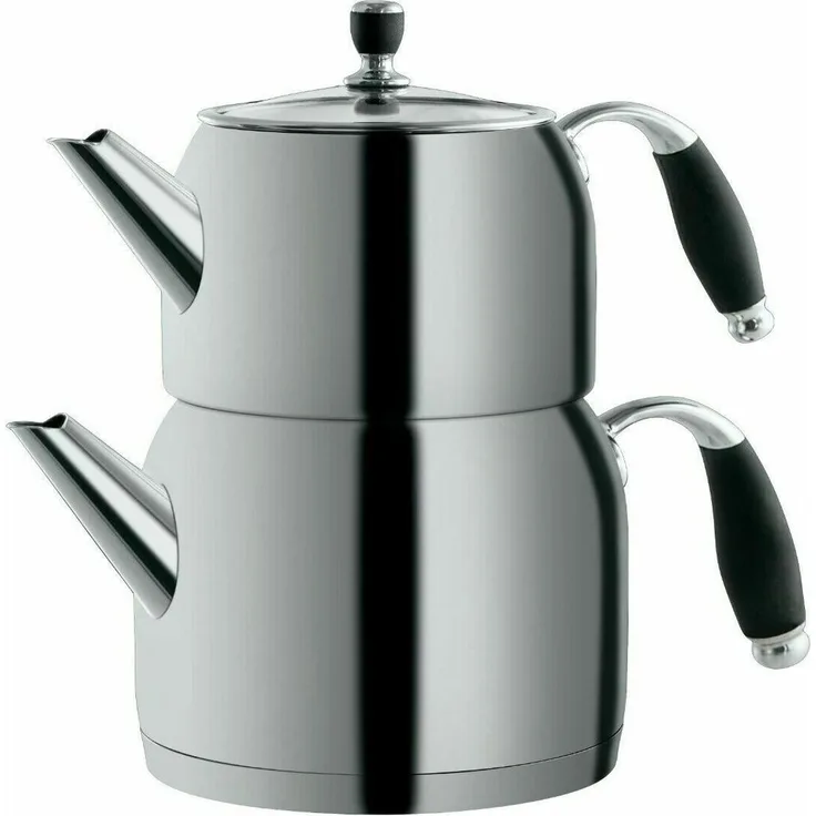 Mulex Teekessel Caydanlik Takimi, 18/10 Edelstahl Teekocher Set mit 0,7 L und 1,5 L Teekannen, hitzebeständige Griffe, spülmaschinengeeignet, silber