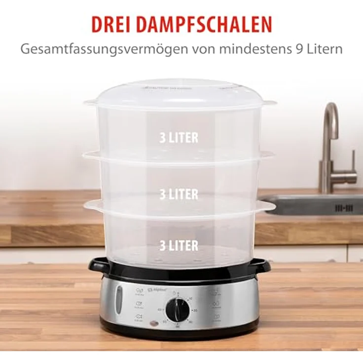 alpina Dampfgarer Elektrisch 800W, 3 Schicht BPA-frei, Reiskocher mit 9L Fassungsvermögen, grau, spülmaschinenfest, einstellbar von 0 bis 60 Minuten – Bild 4