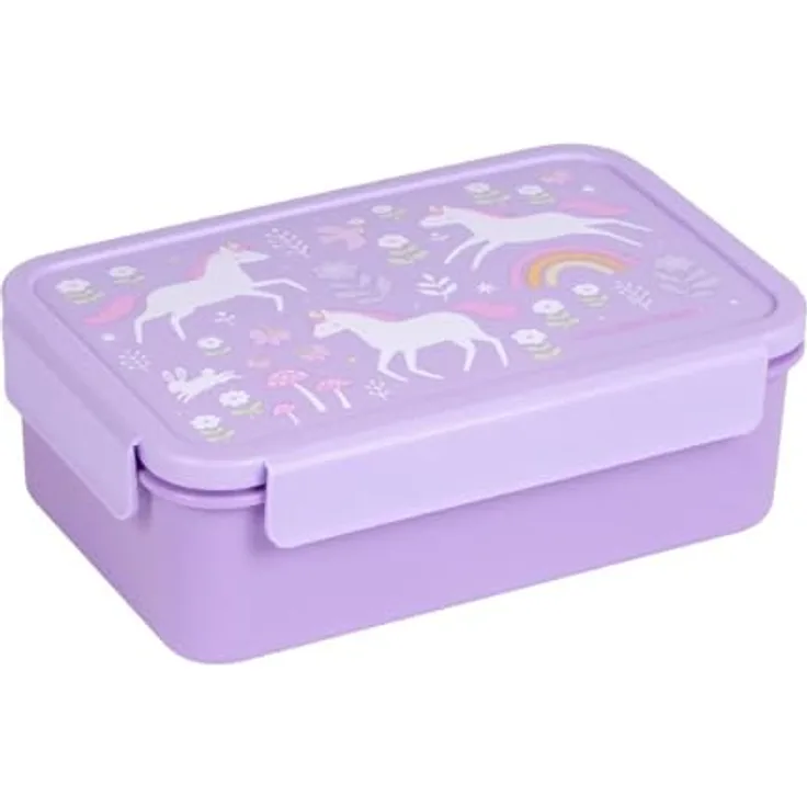 A Little Lovely Company Lunchbox Bento Brotdose Einhorn 2 Fächer Vesperdose 22x7x14,5cm, luftdichter Deckel, herausnehmbare Schale - bunt