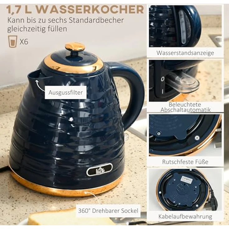 HOMCOM Kocher-Toaster-Set, 1,7 L Wasserkocher und 4-Scheiben-Toaster, Blau, mit präziser Temperaturregelung und sieben Bräunungsstufen – Bild 3