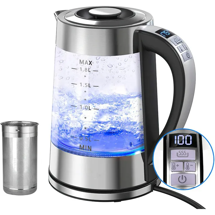 Dopwii Wasserkocher Glas Wasserkocher mit 1,8 L Kapazität, 1800W Schnellheizung,360°Basis, Temperaturregelung, Mehrstufige Warmhaltefunktion - Transparent