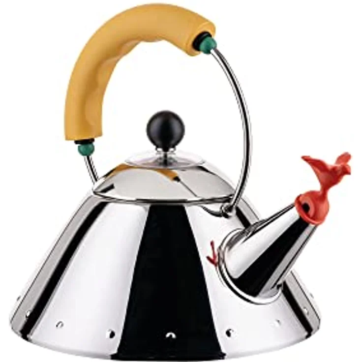 Alessi Kettle 9093/1 Y - Wasserkessel mit Magnetboden aus Edelstahl 18/10 Glänzend Poliert, für Induktionsherde Geeignet, mit Griff und Vogelförmiger Flöte aus PA, Gelb – Bild 2