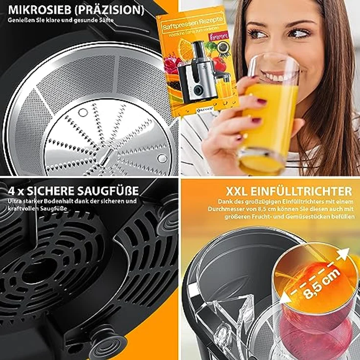 KESSER Entsafter für Obst und Gemüse, aus Edelstahl, 1100W, große 85 mm Einfüllöffnung, inkl. Reinigungsbürste und Saftbehälter, 3 Geschwindigkeitsstufen, Saftpresse Juicer, silber – Bild 4