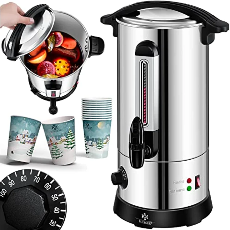 KESSER® Glühweinkessel 10L Edelstahl Inkl. 10x Becher Glühweinkocher mit Thermostat Glühweinautomat Heißgetränkeautomat Wasserkocher Heißwasserspender Einkochautomat Füllstandanzeige Zapfhahn – Bild 1