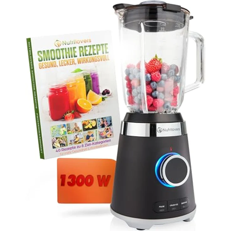 Nutrilovers NUTRI-BLENDER GLAS, Standmixer 1300W mit 1,75L Glasbehälter, Edelstahlgehäuse, 4 Klingen, BPA-frei, leise, variable Stufen, 3 Auto-Programme – Bild 1