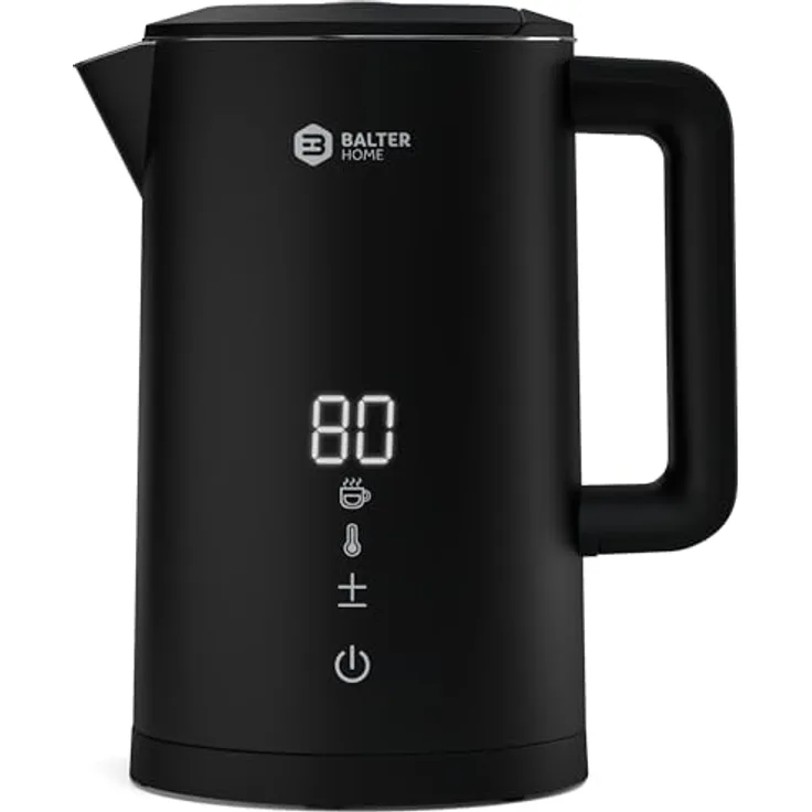 Balter Edelstahl Wasserkocher mit Temperatureinstellung, 40°C-100°C, Doppelwand, BPA frei, 1,5L, Schwarz