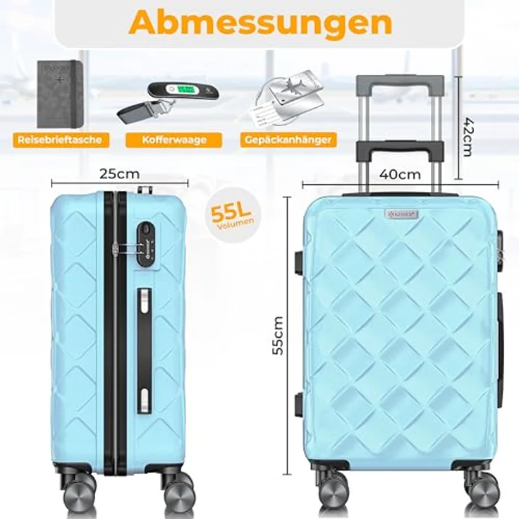 KESSER® Reisekoffer 55L ABS Hartschalenkoffer mit Zahlenschloss, Kofferwaage, Reisebrieftasche, 360° Rollen und Teleskopstange, Schwarz – Bild 2