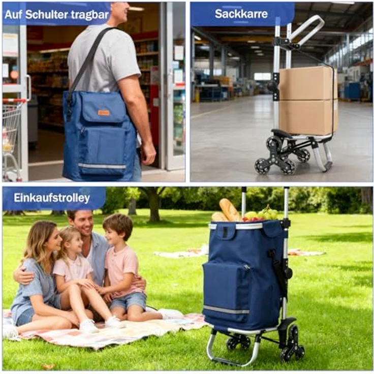 Sekey XXL Einkaufstrolley Treppensteiger, 3-in-1 Aluminium Trolley mit Höhenverstellbarem Griff, Kühlfach und Getränkefach, Blau – Bild 5