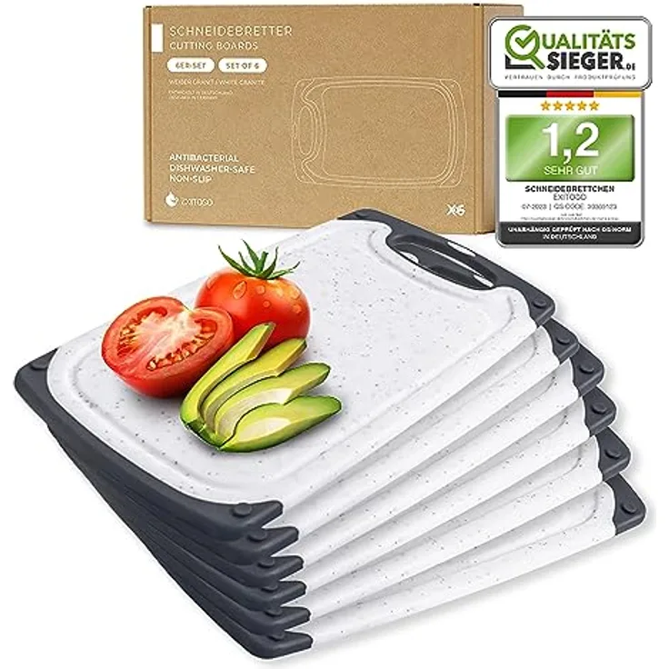Exitoso Frühstücksbrettchen 6er Set mit Saftrille - Schneidebrett Spülmaschinenfest - Marmoroptik hell Schneidebrett Kunststoff rutschfest BPA frei - Frühstücksbrettchen Kunststoff Brettchen Set Brett
