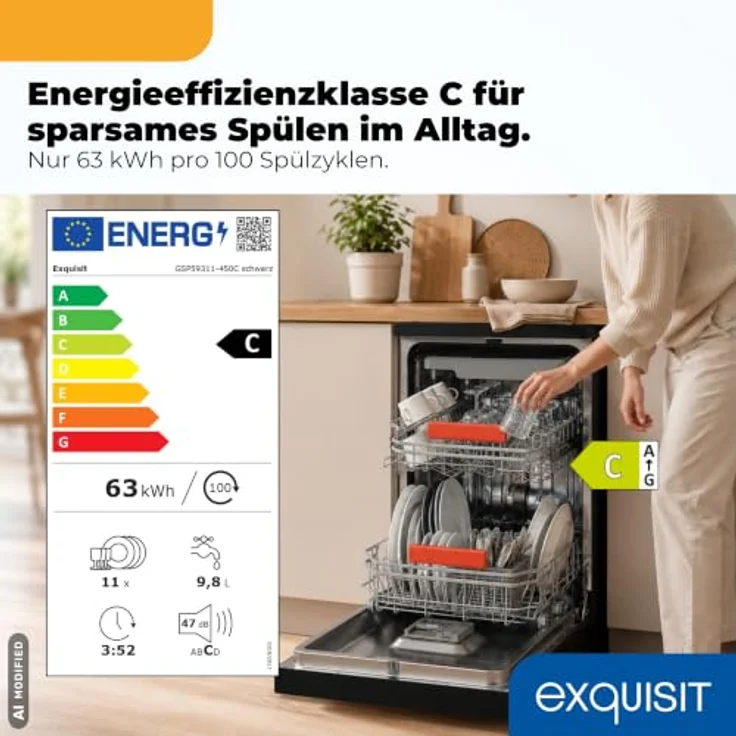 Exquisit GSP59311-450C, Geschirrspüler mit 11 Maßgedecken, Energieklasse C, 7 Spülprogrammen, Aquastop, Besteckschublade, unterbaufähig, Startzeitvorwahl, Schwarz – Bild 2