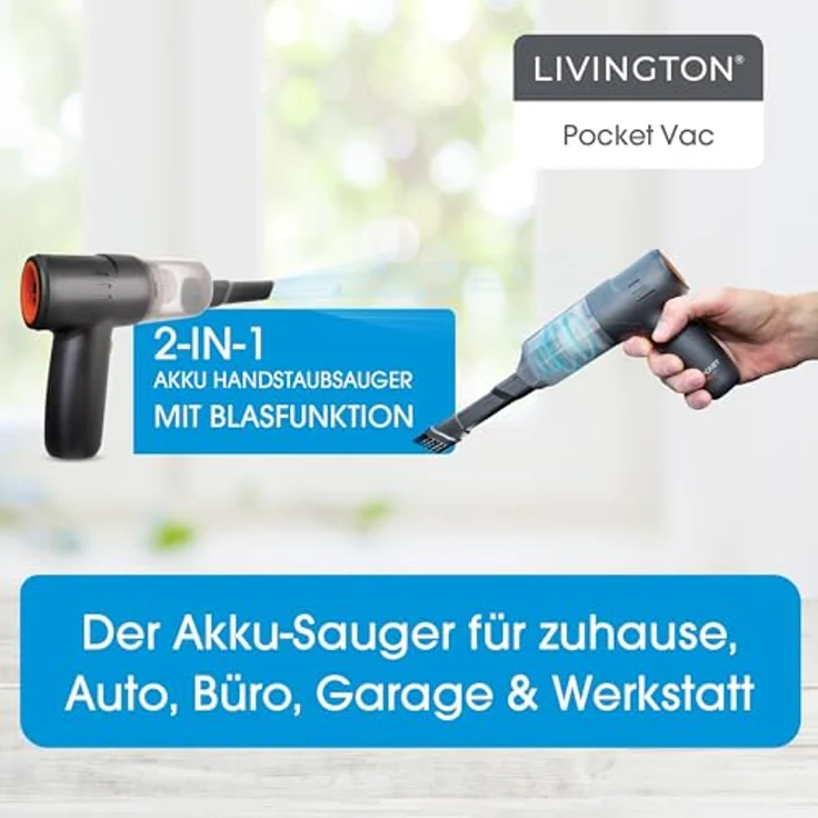 LIVINGTON PocketVac, Akku Handstaubsauger mit Gebläse und Aufsätzen, kabellos, inkl. USB-C Kabel, Aufbewahrungstasche & Filter, ultraleicht und ergonomisch – Bild 4