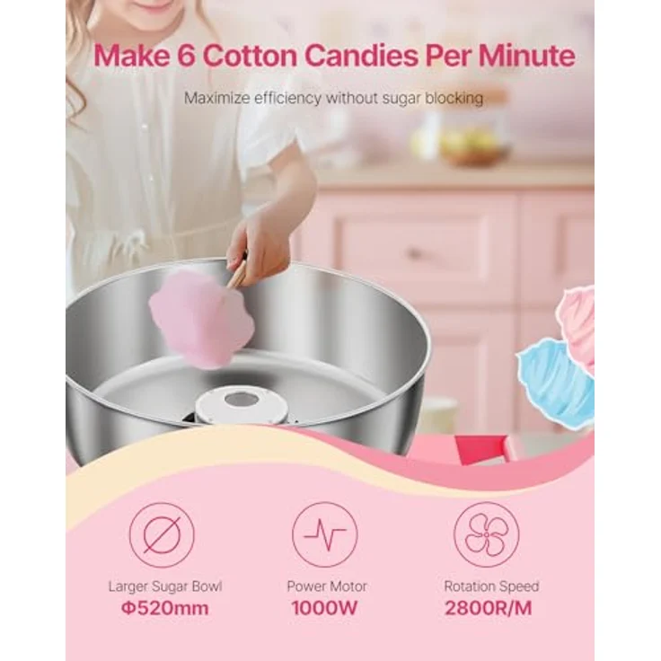VEVOR elektrische Zuckerwattemaschine mit Wagen, 1000 W, 52 cm Edelstahlschüssel, inklusive Zuckerschaufel und Schublade, rosa, ideal für Kindergeburtstage und Familienfeiern – Bild 2