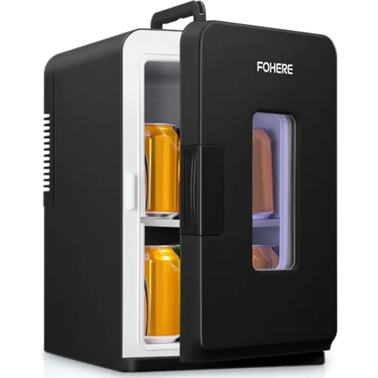 FOHERE 2 in 1 Mini Kühlschrank 15L, Kühlschrank mit Kühl- und Heizfunktion, DC/AC für Autos und Büros, ECO-Low-Noise-Modus, Schwarz