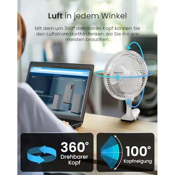Pro Breeze Mini Ventilator mit Clip, 20 cm, leise, 2 Geschwindigkeitsstufen, 360° Rotation, ideal für Schreibtisch, Schlafzimmer und Growbox – Bild 3