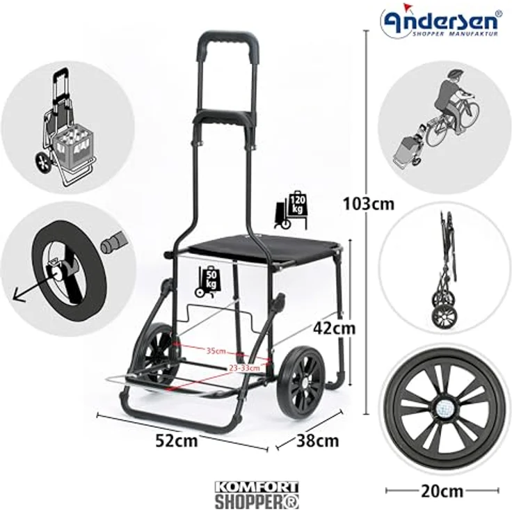 Andersen Einkaufstrolley - Komfort Shopper Senta 2.0 schwarz 49 L, klappbar, wasserabweisend, mit Sitz, multifunktional – Bild 2