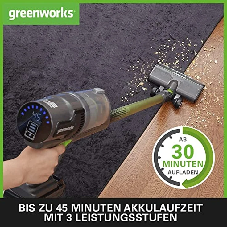 Greenworks GD24SVK4S Kabelloser Staubsauger, hohe Saugleistung, 45 Minuten Laufzeit, Hepa-Filter, Tierhaaraufsatz, 3 Leistungsstufen, 24V 4Ah Akku und super Stand-Ladegerät, 3 Jahre Garantie – Bild 4