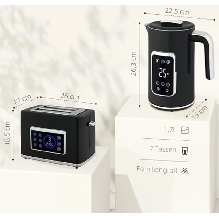 HOMCOM Kocher-Toaster-Set, 2-Schlitz-Toaster mit 2200 W, LED-Touchscreen, Schwarz, inkl. Wasserkocher 1,7 L – Bild 7