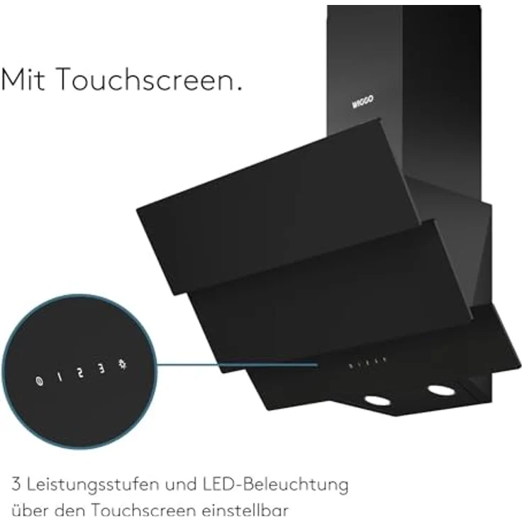 Wiggo B643 Dunstabzugshaube 60cm kopffrei I Abluft Umluft Dunstabzug 615m³/h - Touch-Display 4 Stufen I Energieeffizienzklasse B Schräghaube inkl. 2x Kohlefilter I Abzugshaube Glasfront schwarz – Bild 4