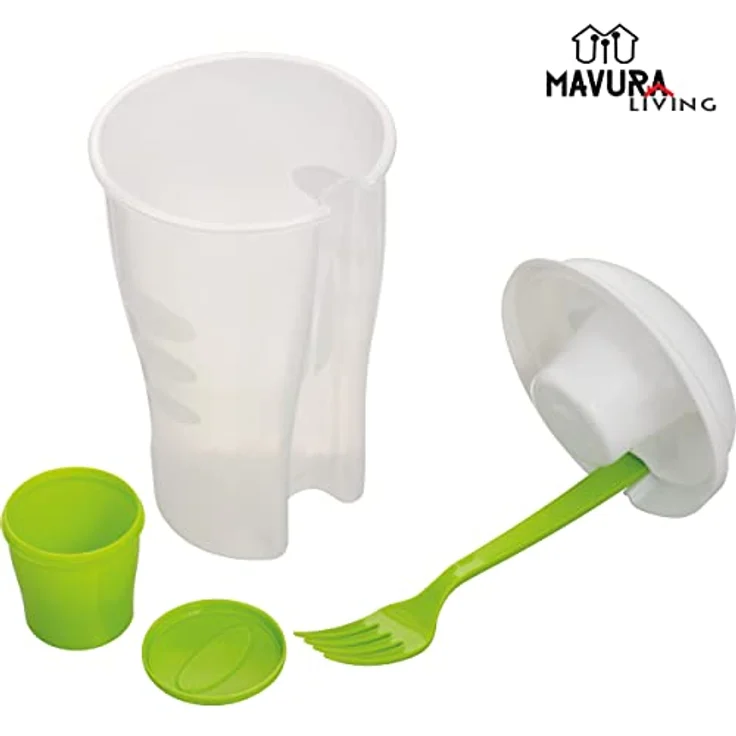 MAVURALiving Salat-To-Go Cup Salatbecher mit Deckel & Dressing Behälter Salatcup Salat Gemüse Obst Joghurt Müsli Shaker inkl. Gabel [2er Set] – Bild 4