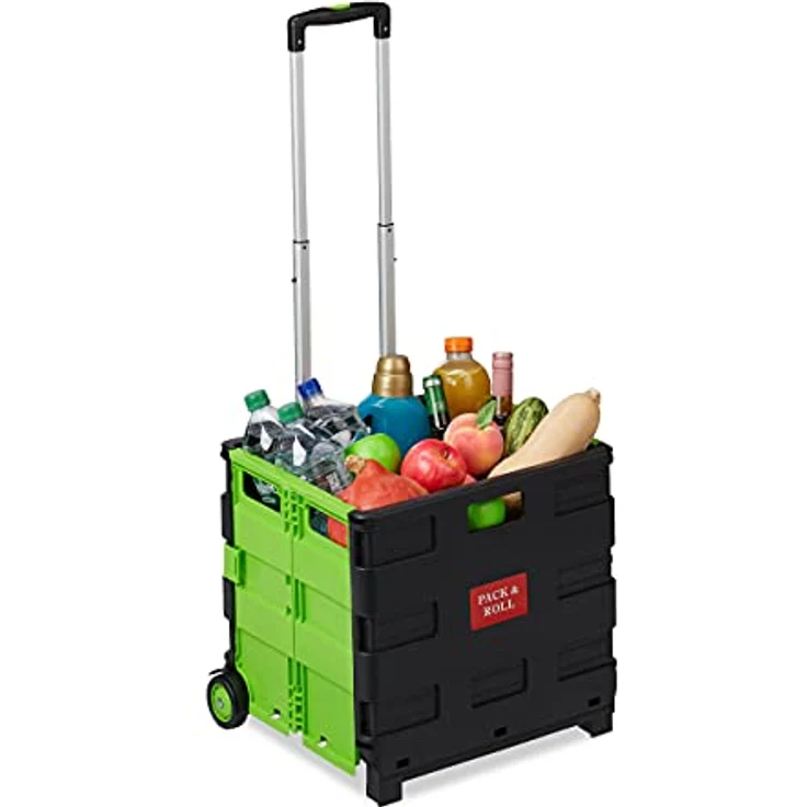 Relaxdays Einkaufstrolley klappbar, Teleskop-Griff, 2 Gummi Rollen, bis 35 kg, Shopping Trolley, Aluminium, ABS, grün – Bild 1