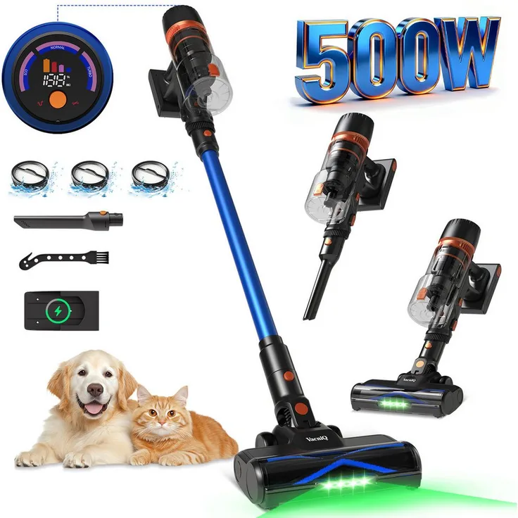 VacniQ Akku-Hand- und Stielstaubsauger, kabellos, 500 W, 60 Min Laufzeit, 7-stufiges HEPA-Filtersystem, grüne LED-Beleuchtung, Anti-Haarverwicklung