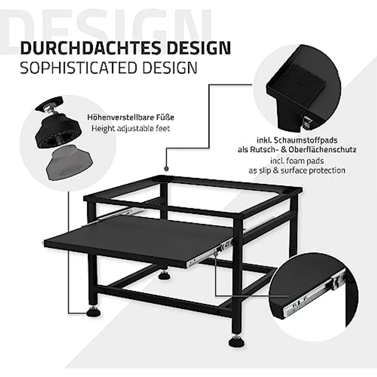 ML DESIGN modern living Waschmaschinen-Untergestell mit ausziehbarer Ablage, Schwarz, Stahl, bis 150kg, höhenverstellbare Füße, 62,5x53,5x45 cm, Trocknersockel Podest Unterschrank Erhöhung – Bild 4