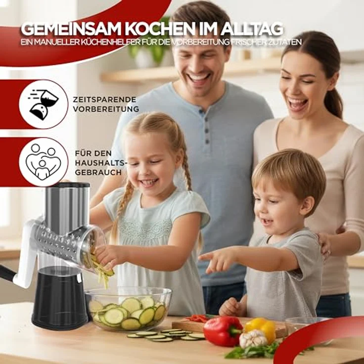 BI International Gemüseschneider mit Kurbel, Trommelreibe mit 3 Edelstahl-Klingen, stabiler Saugfuß und praktischer Lebensmittelschieber – Bild 7