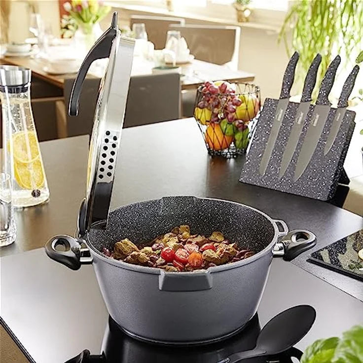 STONELINE FUTURE Kochtopf 28 cm, mit Siebglasdeckel, induktionsgeeignet, Aluguss, Antihaftbeschichtung mit echten Steinpartikeln – Bild 5