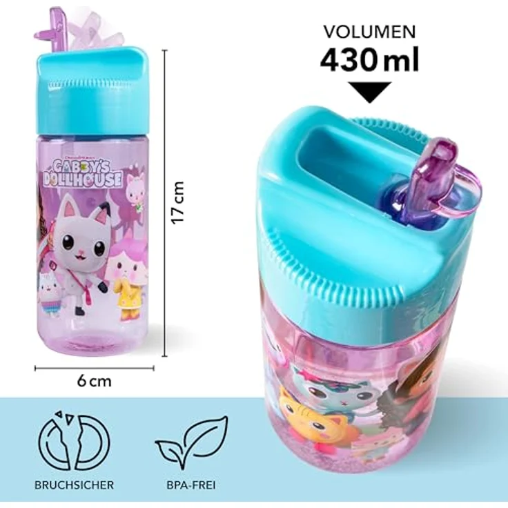 p:os Trinkflasche Gabby's Dollhouse, 430 ml, türkis/lila, für Kinder ab 3 Jahren – Bild 3