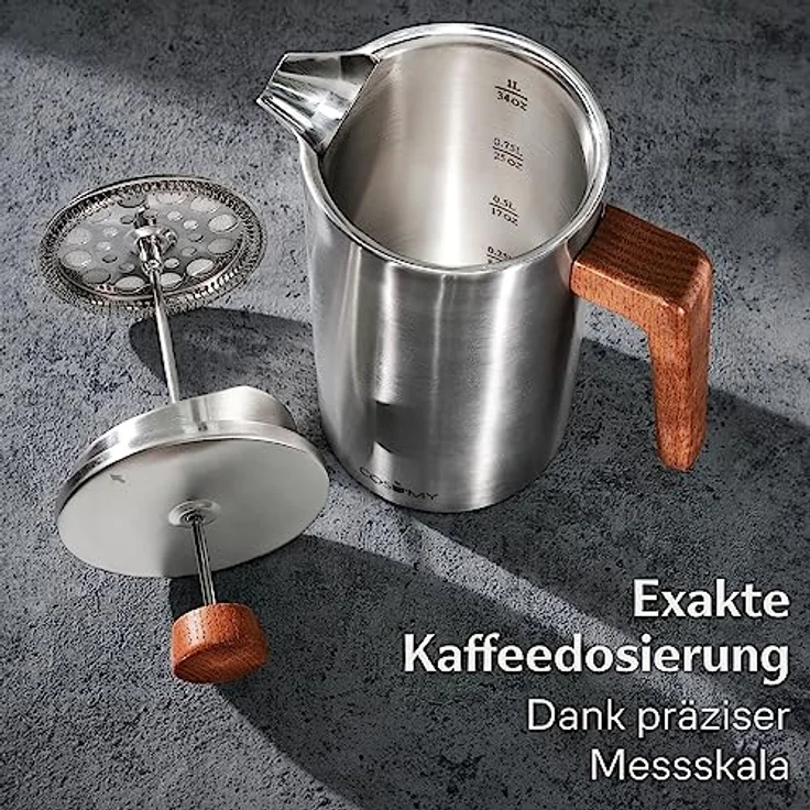 Cosumy French Press aus Edelstahl und FSC Holz - 1 Liter - Doppelwandige Thermo Isolierung - Große Kaffebereiter mit 2 Ersatzfiltern – Bild 4