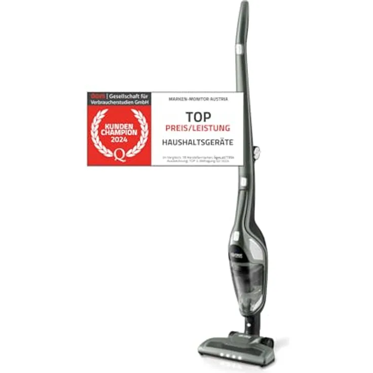 TZS First Austria 2in1 Stiel- und Handstaubsauger | bis zu 60 min Akkulaufzeit | Bodenbürste mit LED-Licht | Wandladestation | Beutellos | Kabellos | grau