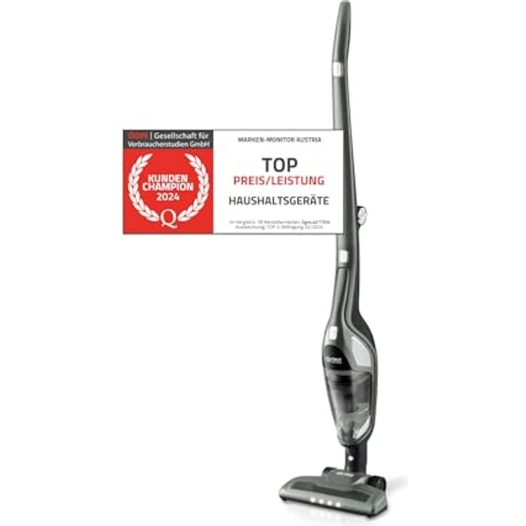 TZS First Austria 2in1 Stiel- und Handstaubsauger | bis zu 60 min Akkulaufzeit | Bodenbürste mit LED-Licht | Wandladestation | Beutellos | Kabellos | grau – Bild 1